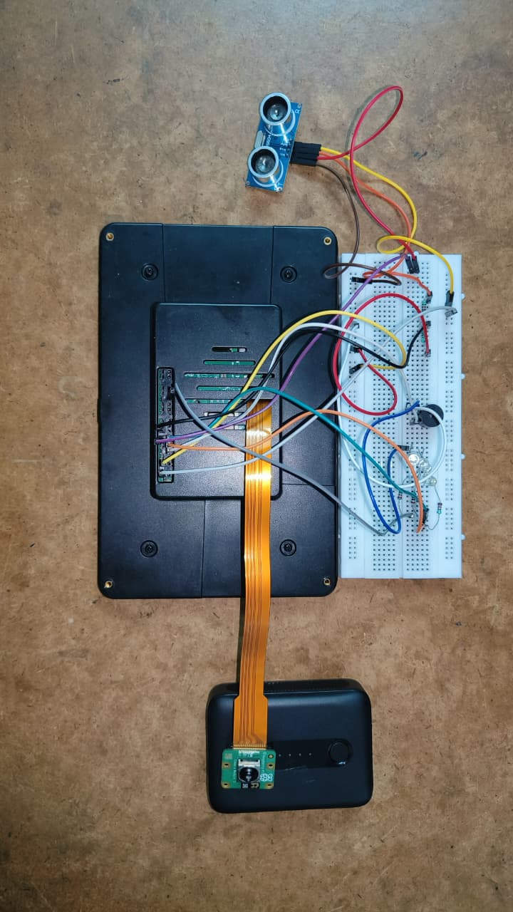 Raspberry Pi 5 with Pi Camera, HC-SR04 sensors, LEDs and buzzer